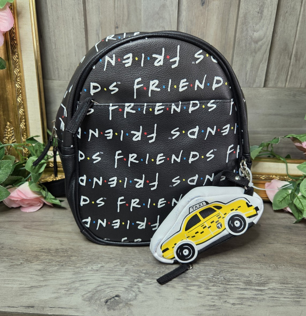 FRIENDS TV Show Mini Backpack Bag Black Print w/ Yellow Taxi Patch & Coin Purse